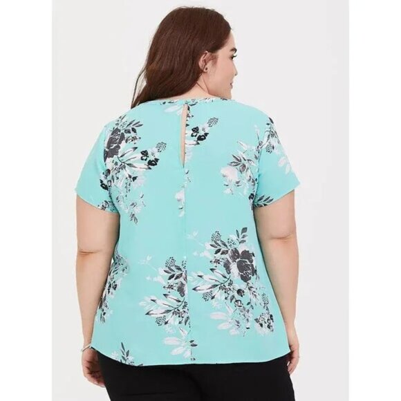 Torrid Aqua Blue Black White Floral Georgette Lightweight Keyhole Blouse - Picture 2 of 8